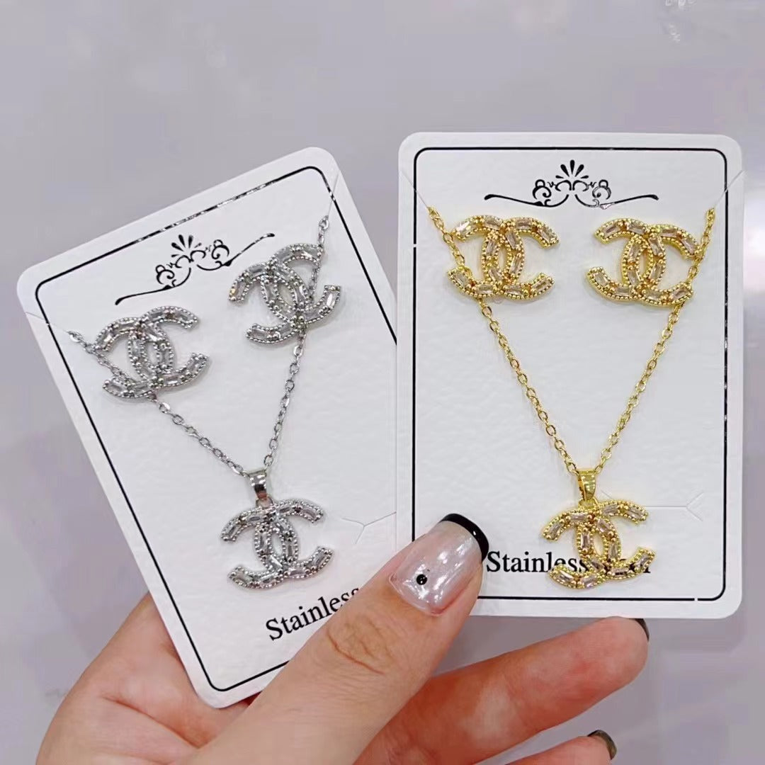 vakkv Cross-Border Hot  Diamond Necklace and Earrings Suite HOTan NEWn Simple Versatile Clavicle Chain Factory Wholesale Direct Wholesale