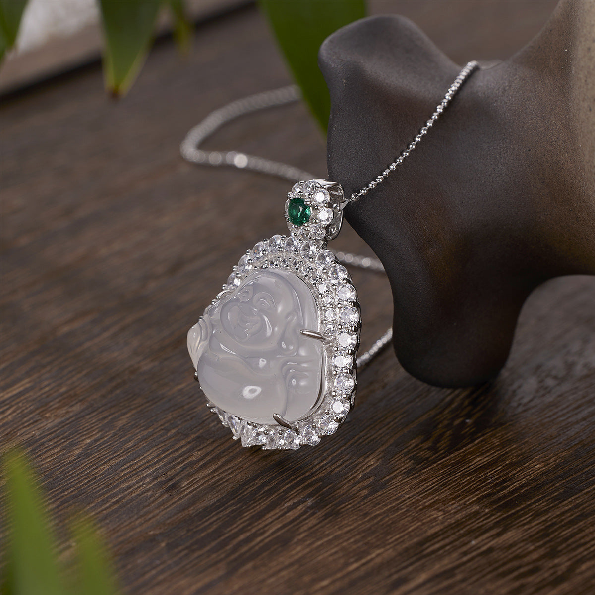 vakkv  Silver City S925 Sterling Silver High Ice Chalcedony Buddha Pendant Women's New Chinese Style High Sense Silver Embeded Jade Big Belly Buddha Necklace