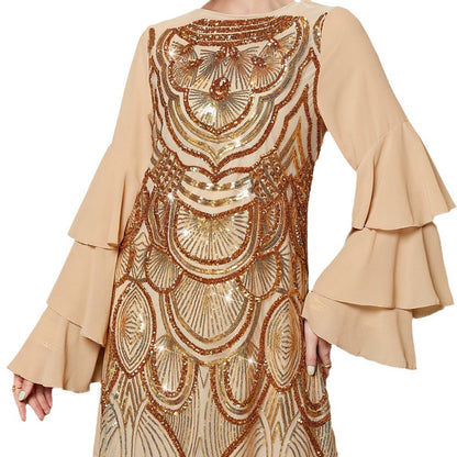 S009 gold multi-layer lotus leaf sleeve positioning sequined embroidered robe spot Amazon ins dress