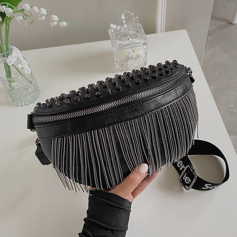 Cross-Border New Arrival Rivet Women's Bag European and American Locomotive Style Tassel Bag Ins Fashion Shoulder Messenger Bag Belt Bag Cell Phone Case