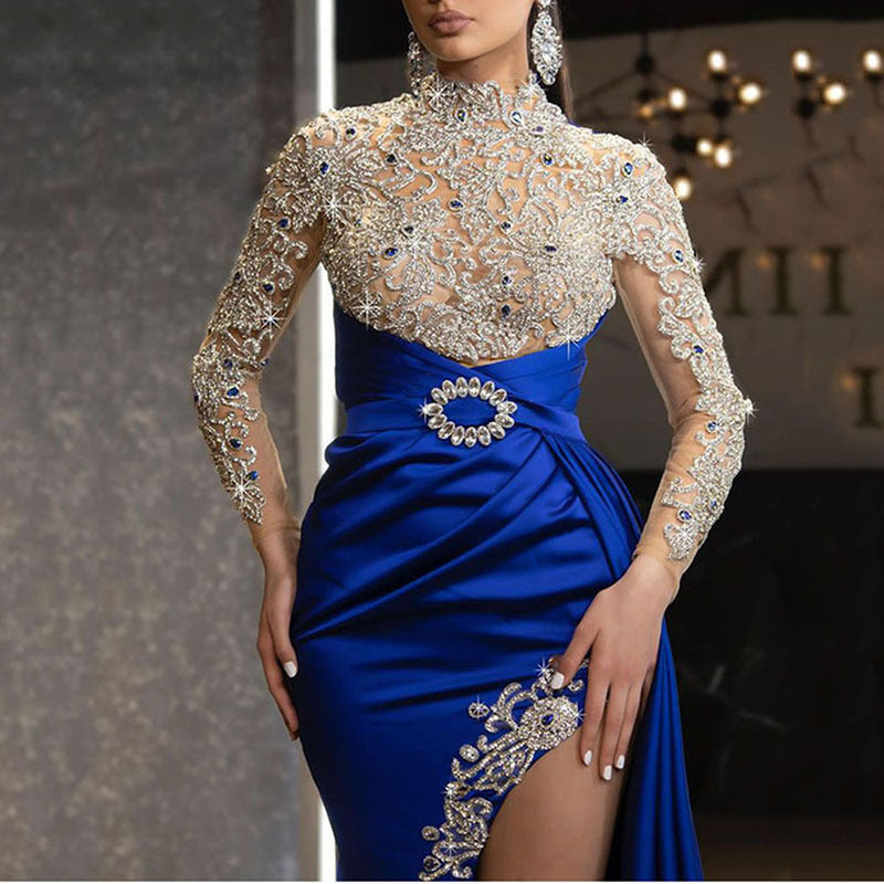 VAKKV  European and American Foreign Trade New  Women's Clothing Dress Blue Gold Split Stitching Half Turtleneck Evening Dress