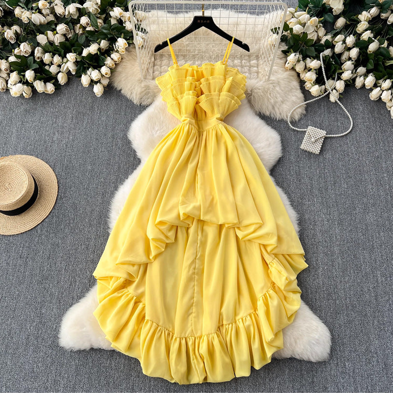 Light luxury dress, small dress, high-end feeling, niche waist style, pleated lace, irregular strapless suspender dress