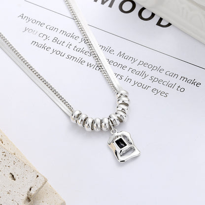 vakkv Chaosheng S925 Sterling Silver Double Layer Snake Bones Chain Irregular Square Inlaid Black Zircon Pendant Necklace Hip Hop Cool Net Red Style