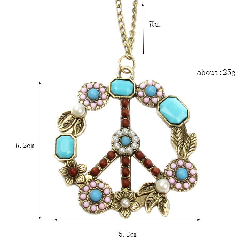 HOTan and NEWn Style Vintage Inlaid Gem Turquoise Pearl Flower Peace Logo Necklace