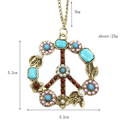 HOTan and NEWn Style Vintage Inlaid Gem Turquoise Pearl Flower Peace Logo Necklace