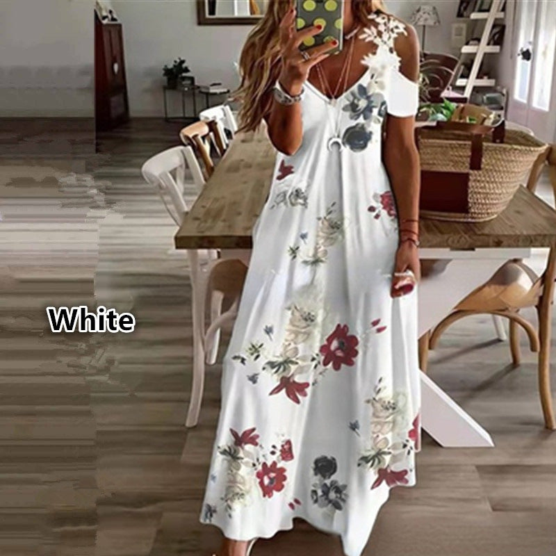 2024 Europe and America Cross Border  Women's Summer New Lace Sling V-neck Fashion Print Loose Dress