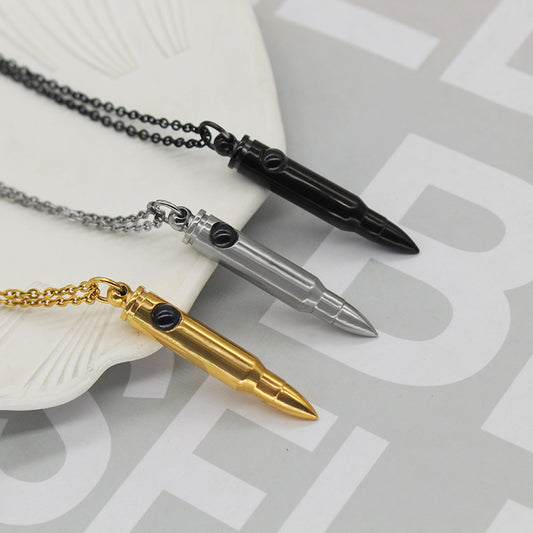 Cross-Border Hot Veterans Memorial Bullet Pendant Necklace Wild Projection Stone Titanium Steel Bullet Clavicle Chain Wholesale