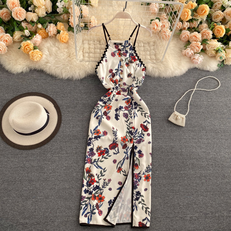 VAKKV Sexy A line Sleeveless Silk Satin Floral Dress Beach Summer Holiday Dress P250