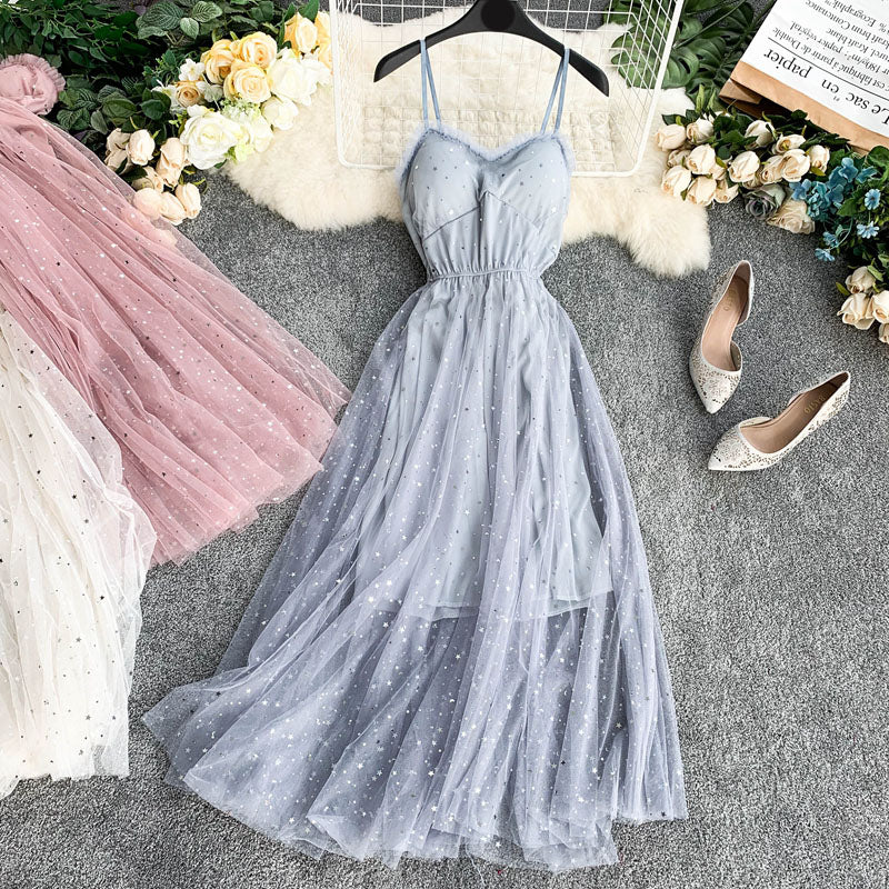 VAKKV Cute A line Sleeveless Sequin Tulle Dress Beach Summer Holiday Dress P255