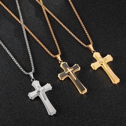 vakkv  HOTan Hip Hop Vintage Men's Cross Titanium Steel Necklace Trendy Three-Layer Stainless Steel Pendant Ornament Wholesale