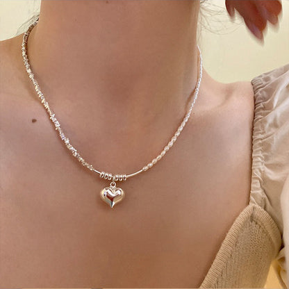 Korean Style S925 Sterling Silver Small Pieces of Silver Love Pearl Necklace Women's Fashion Personality Affordable Luxury High-Grade Stitching Clavicle Chain