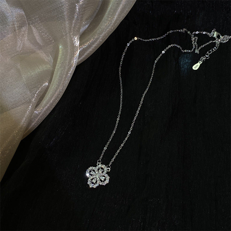 S925 Sterling Silver with Shiny Diamond Clover Necklace for Women Special-Interest Design High-Grade Light Luxury Flower Clavicle Chain Summer Ornament