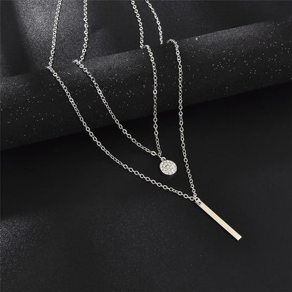 vakkv  HOT and NEW Cross Border Necklace Geometric Long Strip Rhinestone round Double Layer Necklace for Women Fashion Diamond Inlaid Clavicle Chain Necklace