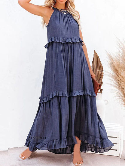 European and American 2024 Summer New Holiday Ruffled Long Dress  Wide Hem Flowy Beach Dress for Women