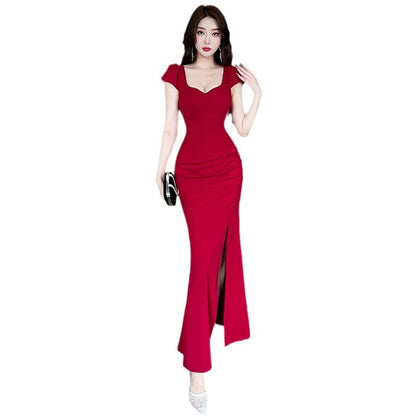 red evening dress long skirt nightclub sexy low cut v-neck tight slim hip slit long dress woman