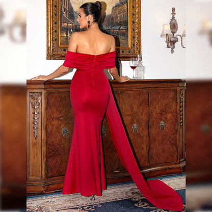VAKKV Cross-Border Foreign Trade European and American Elegant Red Satin off-the-Neck Elegant Lady Short Sleeve and Long Pattern High-Grade Chest-Wrapped Evening Dress