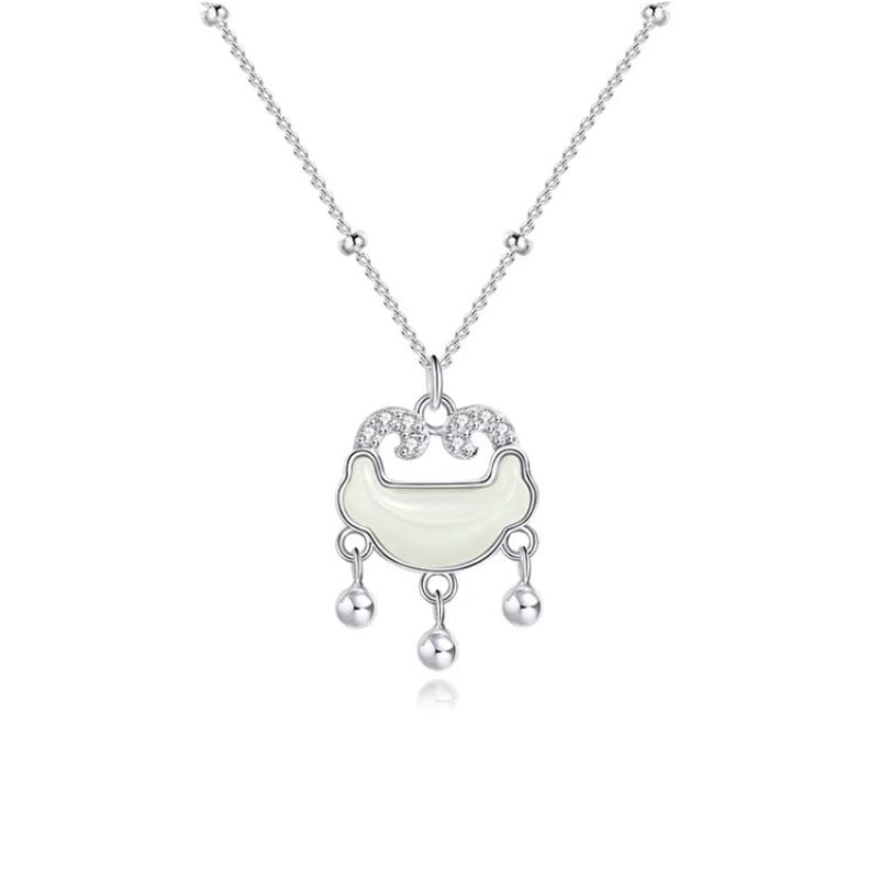 S925 Sterling Silver Hetian Jade Necklace Women's Fashion All-Match Ruyi Safety Lock Pendant New Chinese Style Ancient Style New Ornament