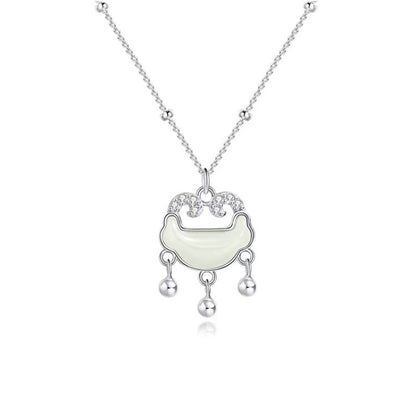 S925 Sterling Silver Hetian Jade Necklace Women's Fashion All-Match Ruyi Safety Lock Pendant New Chinese Style Ancient Style New Ornament