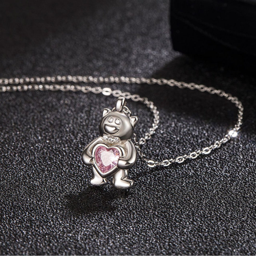 vakkv  Original S925 Sterling Silver Pink Zircon Love Bear Necklace Female Ins Pendant Light Luxury Minority High-Grade Accessories