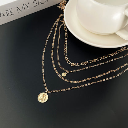 vakkv  South Korea Simple HOTan and NEWn Style Metal Portrait Coin Necklace Women's Multi-Layer Twin Light Luxury Minority Exaggerated Temperamental Clavicle Chain