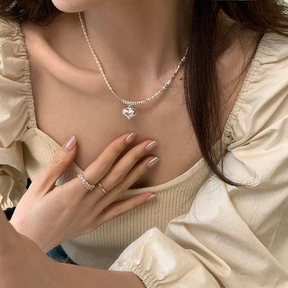 Korean Style S925 Sterling Silver Small Pieces of Silver Love Pearl Necklace Women's Fashion Personality Affordable Luxury High-Grade Stitching Clavicle Chain