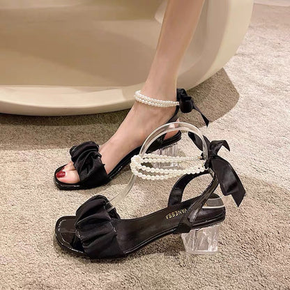 Evening Style Niche Pearl High Heel Sandals Women's Summer  New Mid Heel Fairy Style Super Popular Fashion