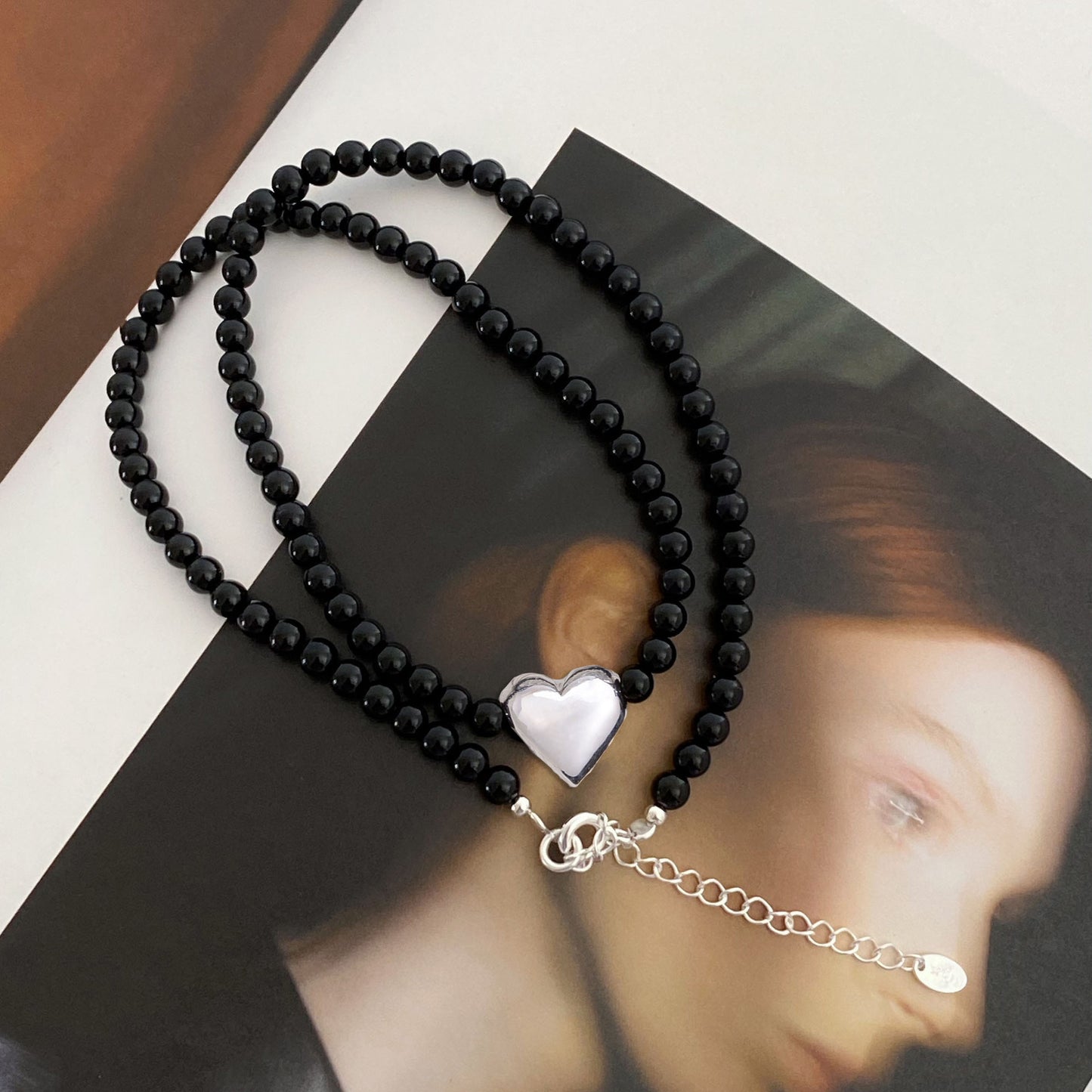 vakkv  S925 Sterling Silver Black Agate Love Necklace High-Grade Accessories Special-Interest Design Clavicle Chain Sweet Cool Peach Heart Necklace