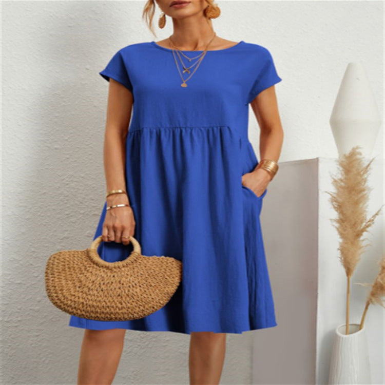 2024 European and American Fashion Summer Ol Temperament Women's Clothing Cotton Linen round-Neck A- line Skirt Dress Factory Wholesale