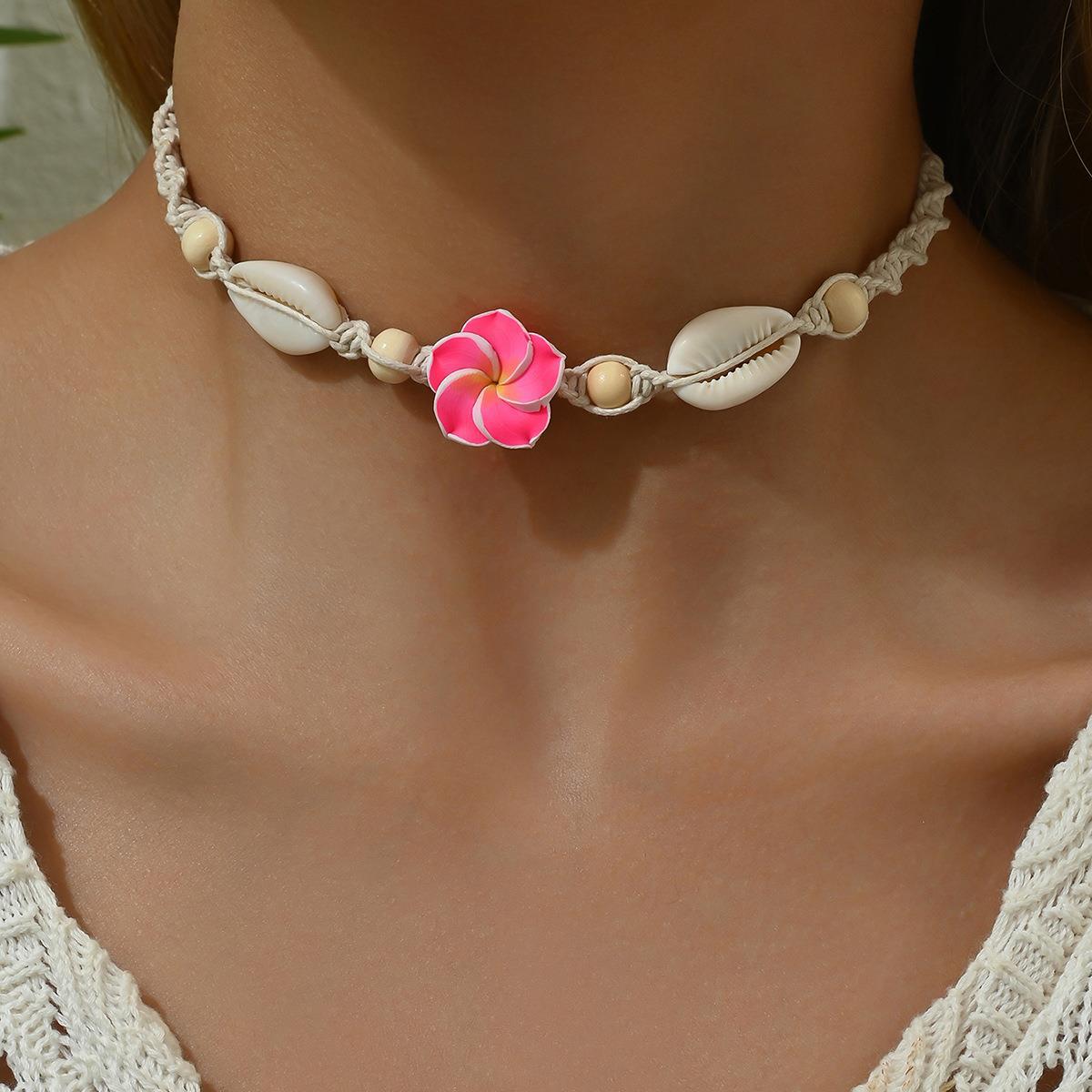 Cross-Border Beach Vacation Style Egg Flower Necklace Marine Shell Wooden Bead Hand-Woven Adjustable Necklace for Women