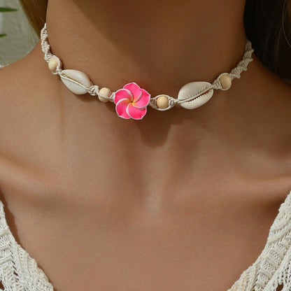 Cross-Border Beach Vacation Style Egg Flower Necklace Marine Shell Wooden Bead Hand-Woven Adjustable Necklace for Women