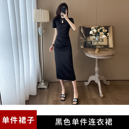 New Chinese Satin Jacquard Dress Women's Summer  New Temperament Goddess Style Young Improved Cheongsam Dress