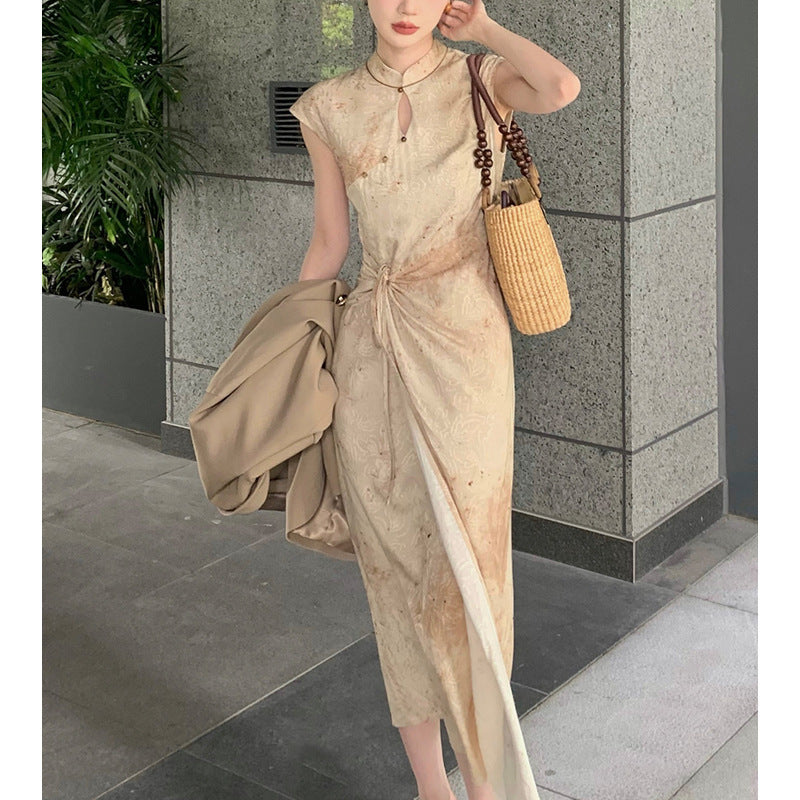 Fragrant Dust Blooming Jacquard Cheongsam Dress for Women Summer National Style New Chinese Style Improved Design Sense Dress