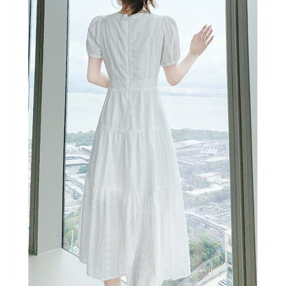 New  Style High-Grade Summer Short-Sleeved Skirt Small Long Skirt White Lace Dress Women's Spring