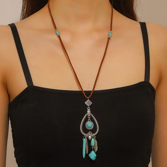 vakkv Cross-Border Hot Bohemian Ethnic Style Accessories Turquoise Pendant Vintage Leather Necklace Sweater Chain