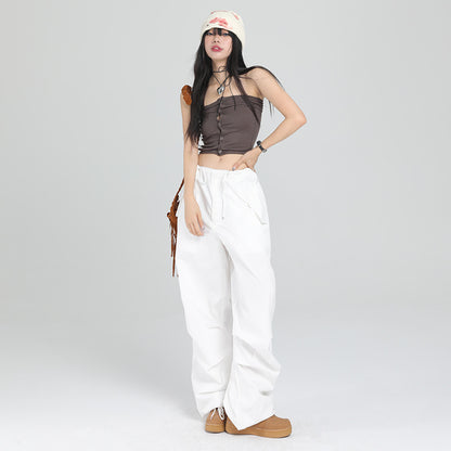 White Wide-Leg Overalls Women's New Summer  Thin Straight Loose High Waist Drooping Slimming Casual Pants