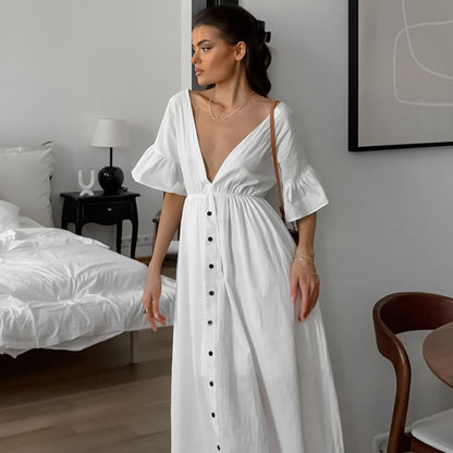 VAKKV 2025 new cotton and linen horn sleeves are comfortable and skin-friendly nightgowns for women's leisure and simple can be worn outside loungewear wholesale