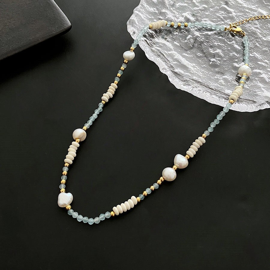 vakkv Vintage Simple and Light Luxury Pearl Natural Stone Natural Crystal Titanium Steel Beaded Freshwater Pearl Necklace Women's Clavicle Chain