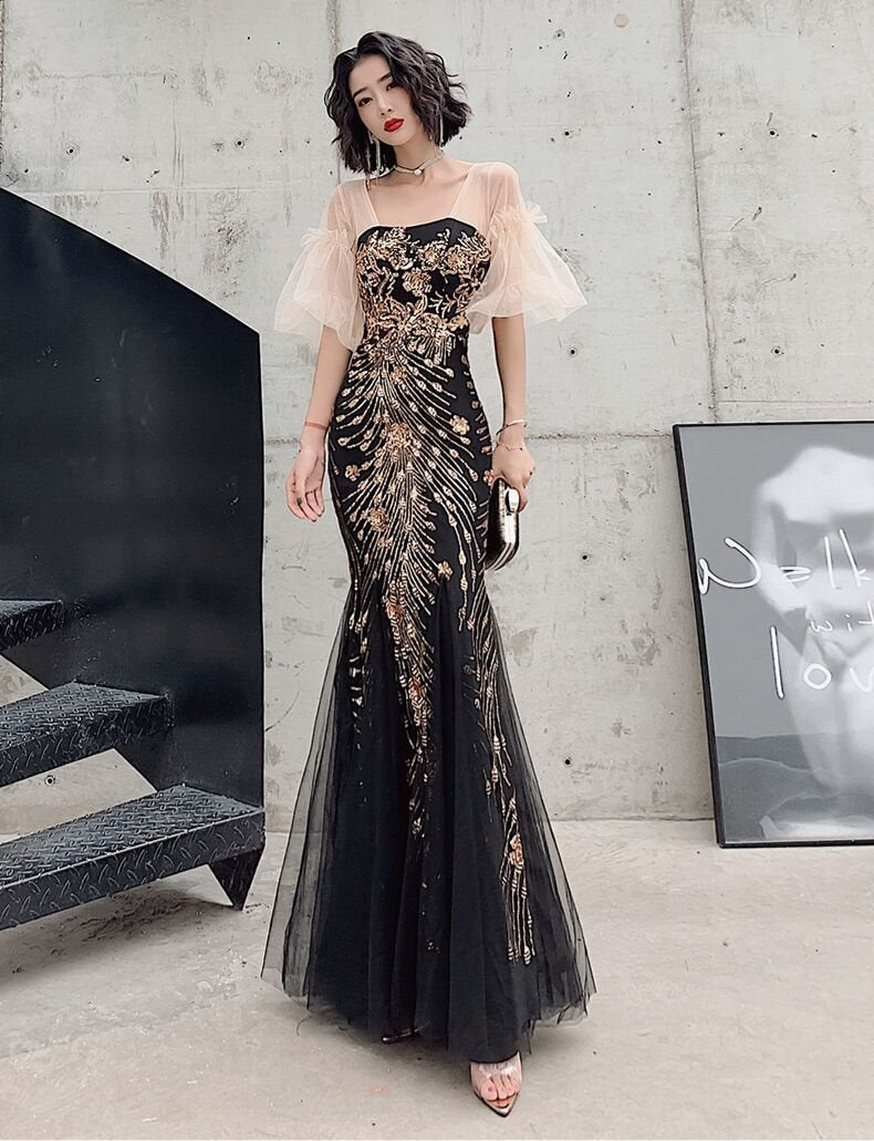 VAKKV  Champagne Dress Sequined Embroidered Bridal Wedding Toast Dress Banquet Performance Host Fishtail Dress Adult Ceremony Female