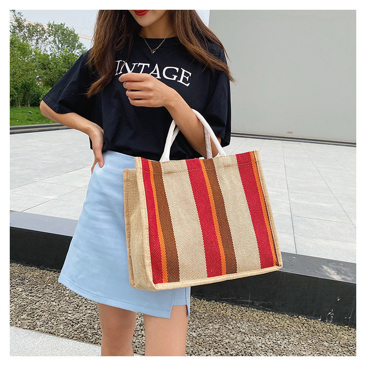 Cross-Border  New Large Capacity Tote Bag Fashion Stripe Trendy Women's Canvas Underarm Shoulder Bag Wholesale