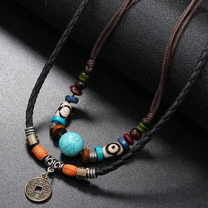 HOTan and NEWn Retro Style Multi-Layer Turquoise Beaded Weave Leather Necklace Personality Alloy Bronze Coin Pendant Men's Necklace