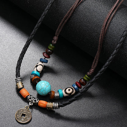 HOTan and NEWn Retro Style Multi-Layer Turquoise Beaded Weave Leather Necklace Personality Alloy Bronze Coin Pendant Men's Necklace