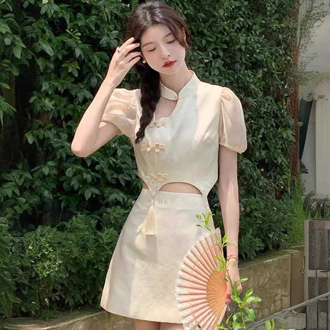 Style Shirt for Women Amoi Chinese Style Graceful Puff Sleeve Short Coat and Dress Show Graceful Improved Cheongsam Suit