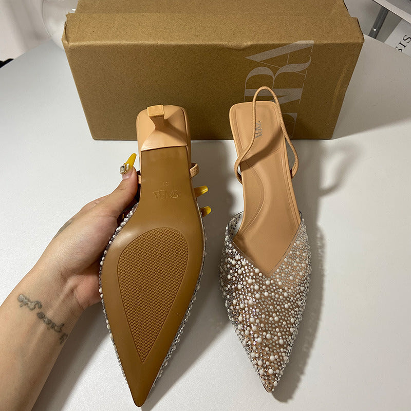 Za Spring Style Pointed Stiletto Heel High Heels PVC Material Sweet Style Decorated Pearls Back Strap Toe Box Women's Shoes