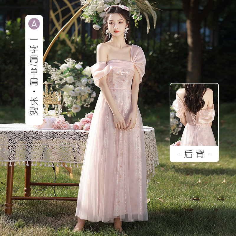 VSKKV Bridesmaid Dress Wedding Daily Style High-Grade Niche Pink Fairy Temperament Small Size Sisters Group Evening Dress for Women