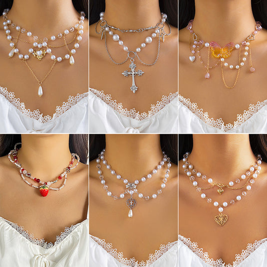 HOT and NEW Cross Border Vacation Style Sweet Hot Girl Strawberry Butterfly Necklace Female Niche Temperament Imitation Pearl Tassel Necklace