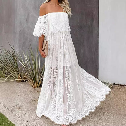 Wish Summer Boat Neck Lace Dress Long Dress Foreign Trade Women's Clothing Lace Skirt