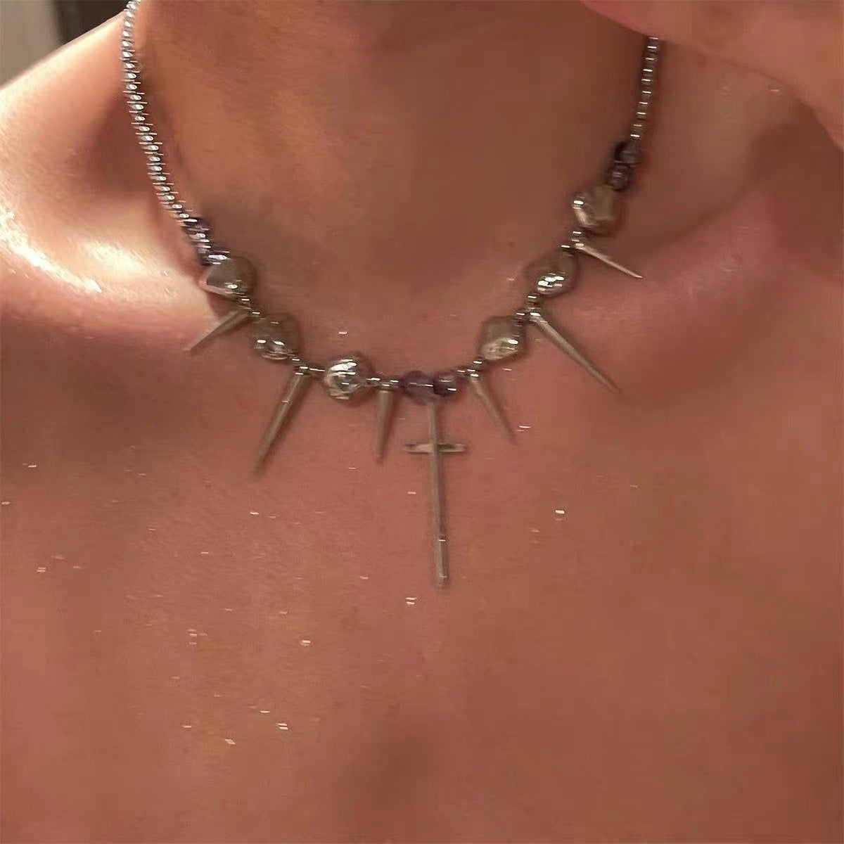 vakkv  Cross Rivet Exaggerated Punk Women's Necklace Male Y2g Irregular Subculture Niche Clavicle Chain Hip Hop Necklace