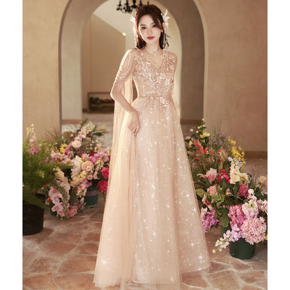 VSKKV Evening Dress Women's Banquet Light Luxury Minority High-End Senior Sense Host Graduation Guzheng Performance Costume Adult Ceremony