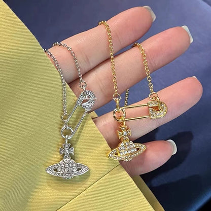 vakkv Queen Mother Vivienne Full Diamond Saturn Pin Chain Necklace Female Classic Hot Selling Product Clip Twin Clavicle Chain