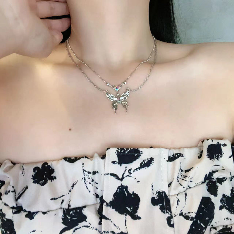 vakkv  High-Grade Drawable Silver Butterfly Tassel Necklace Female Light Luxury Minority Design Fashionable Temperamental All-Match Clavicle Chain